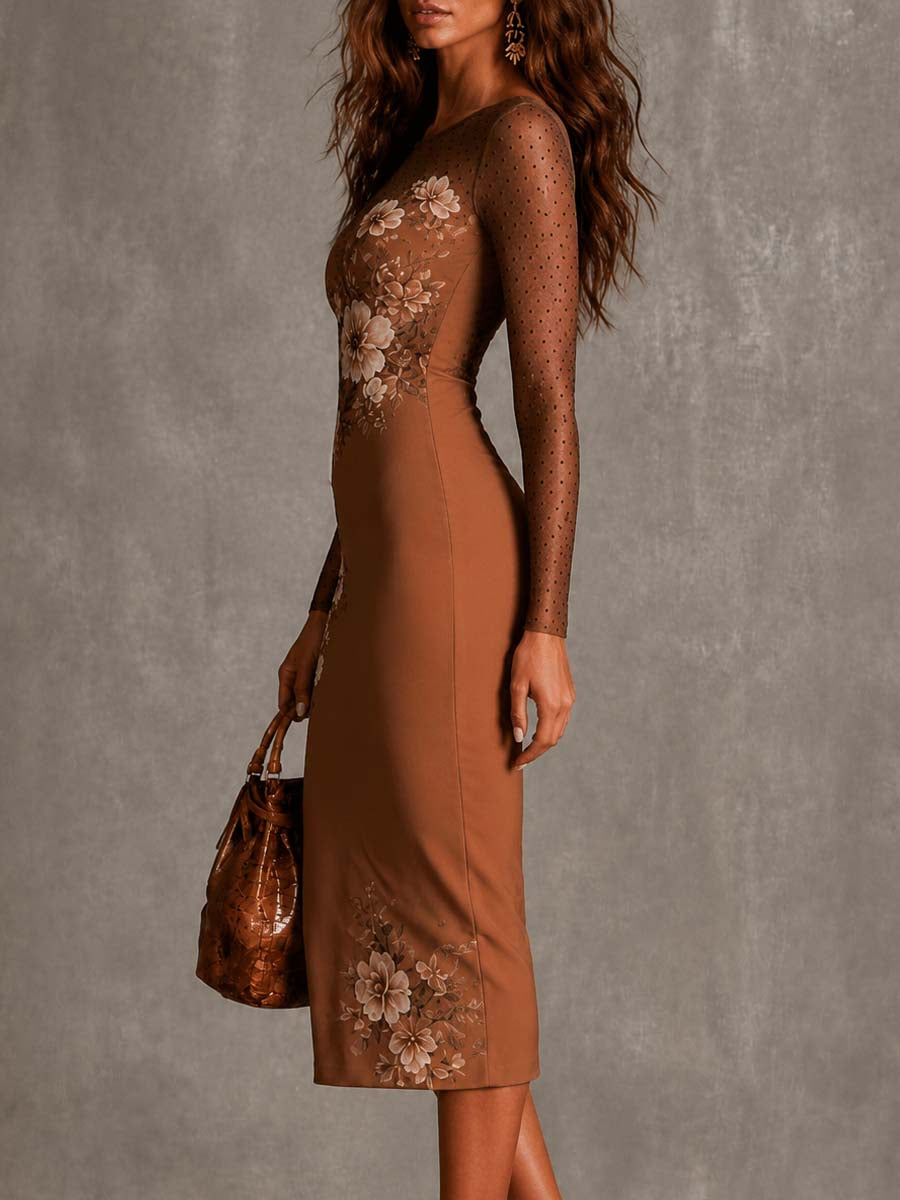 Vestido Midi Vintage Ajustado de Malla con Estampado Floral, Lunares y Manga Larga