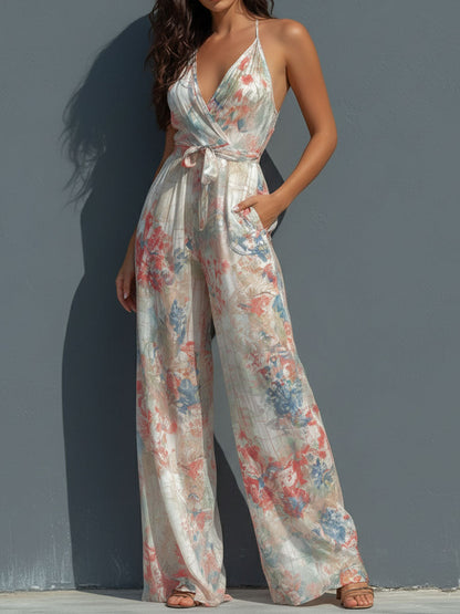 Mono Boho Resort de Satén Floral con Cuello Halter, Diseño Cruzado y Pierna Ancha