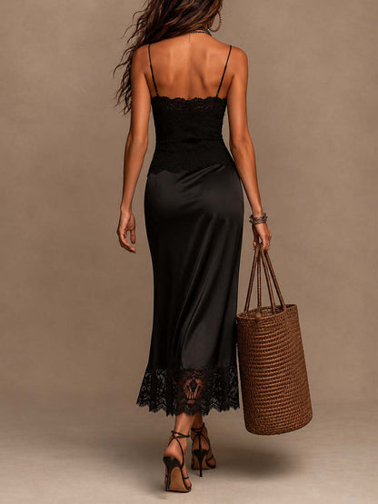 Vestido Midi Vintage de Satén con Tirantes y Detalles de Encaje