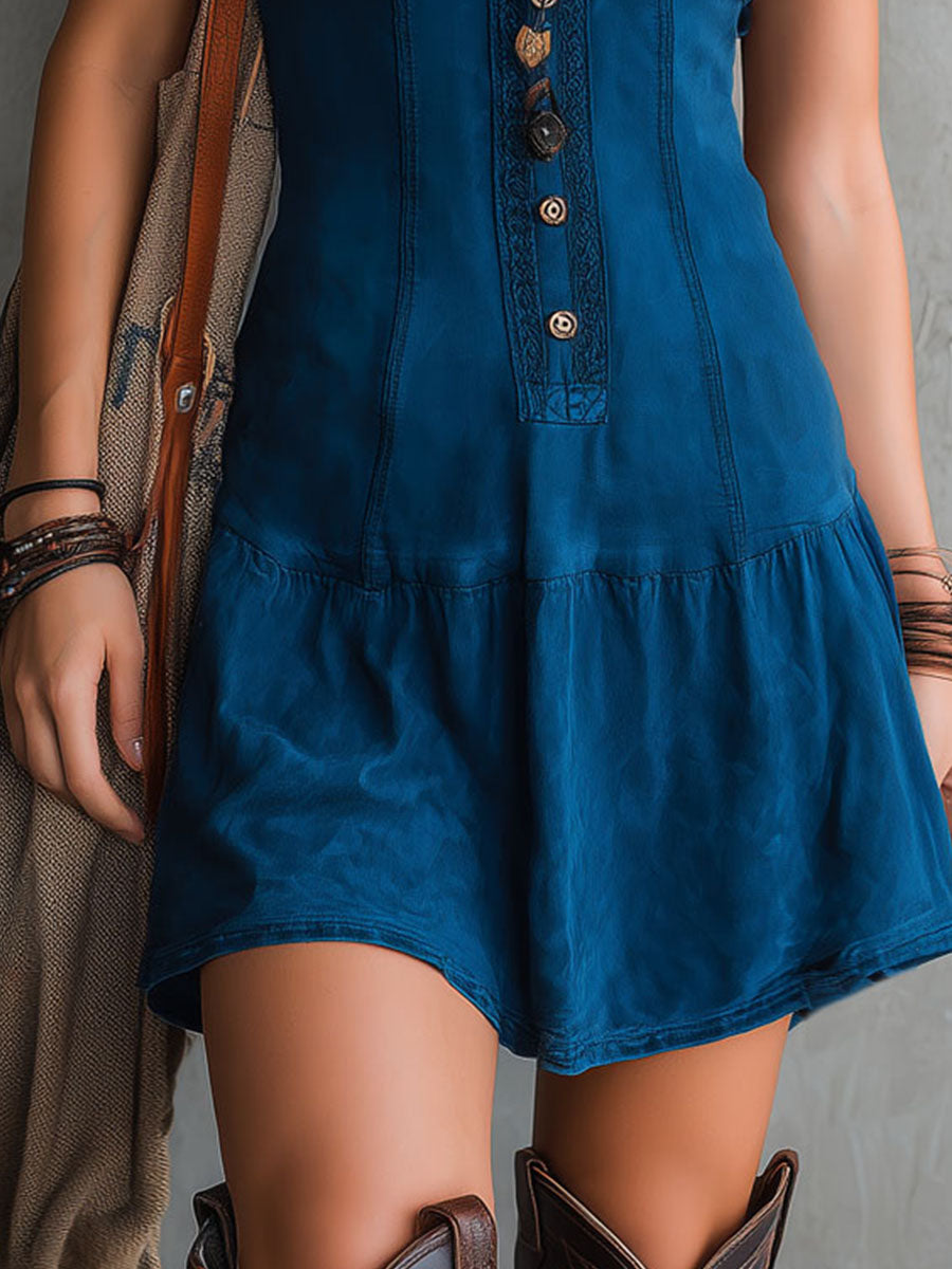 Vestido Mini Boho Chic Índigo con Bordados y Botones
