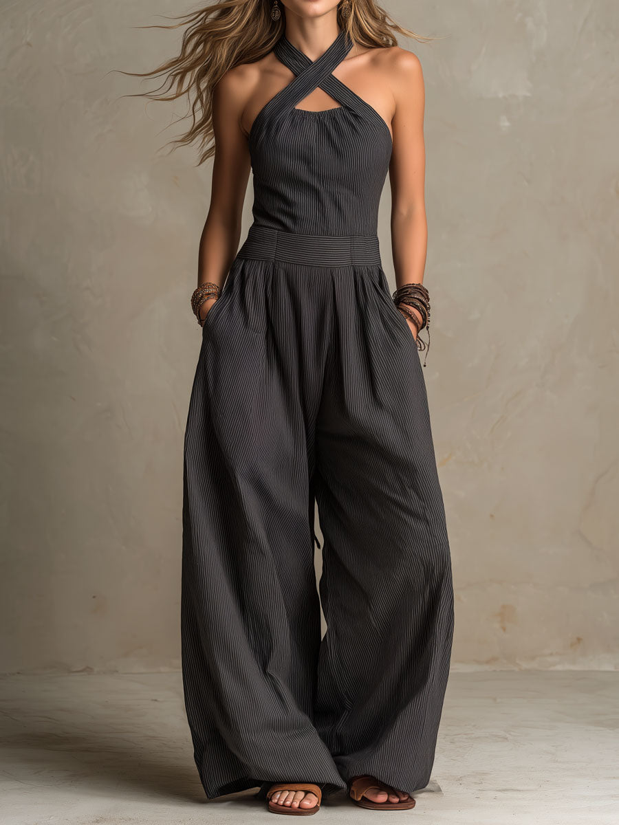 Mono Boho Gris Carbón de Pierna Ancha con Rayas Diplomáticas y Cuello Halter Cruzado