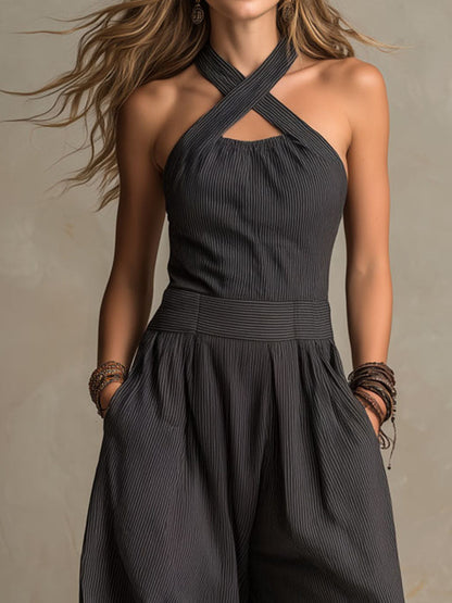 Mono Boho Gris Carbón de Pierna Ancha con Rayas Diplomáticas y Cuello Halter Cruzado