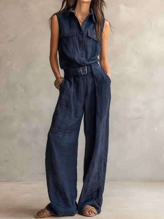 Mono Utility Boho Azul Pizarra Oscuro Texturizado con Cinturón
