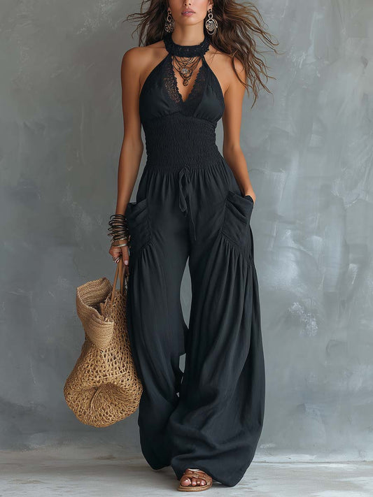 Mono Retro con Cuello Halter de Encaje y Bolsillos