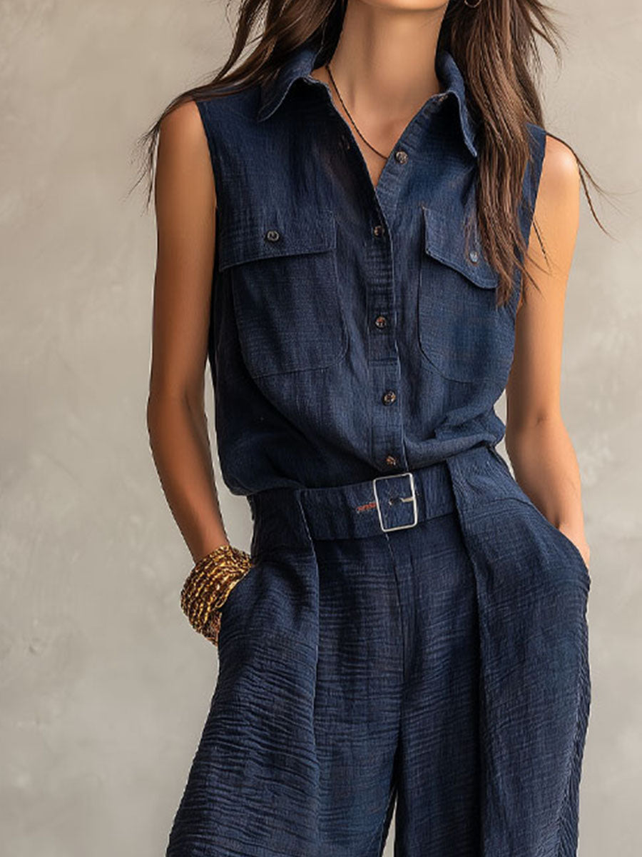 Mono Utility Boho Azul Pizarra Oscuro Texturizado con Cinturón