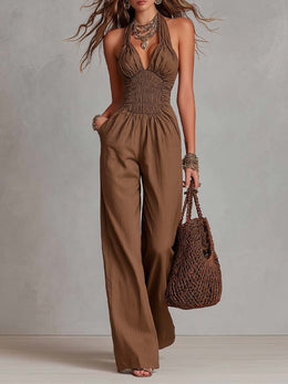 Mono Bohemio de Lino y Algodón con Cuello Halter, Cintura Fruncida y Pierna Ancha