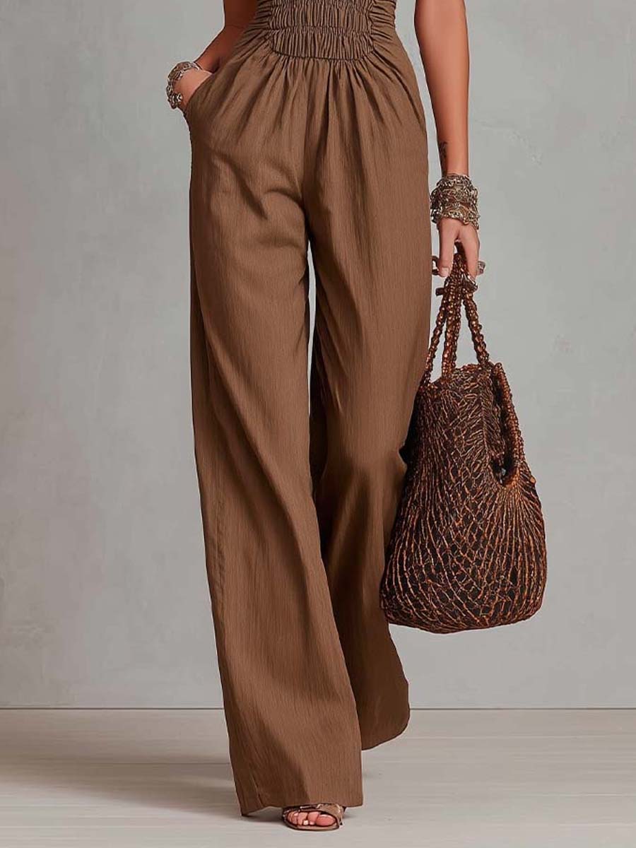 Mono Bohemio de Lino y Algodón con Cuello Halter, Cintura Fruncida y Pierna Ancha