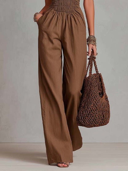 Mono Bohemio de Lino y Algodón con Cuello Halter, Cintura Fruncida y Pierna Ancha