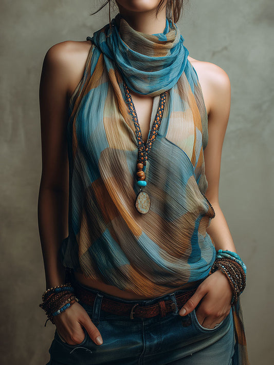 Blusa Boho de Chifón Azul y Ámbar con Cuello Halter y Pañuelo