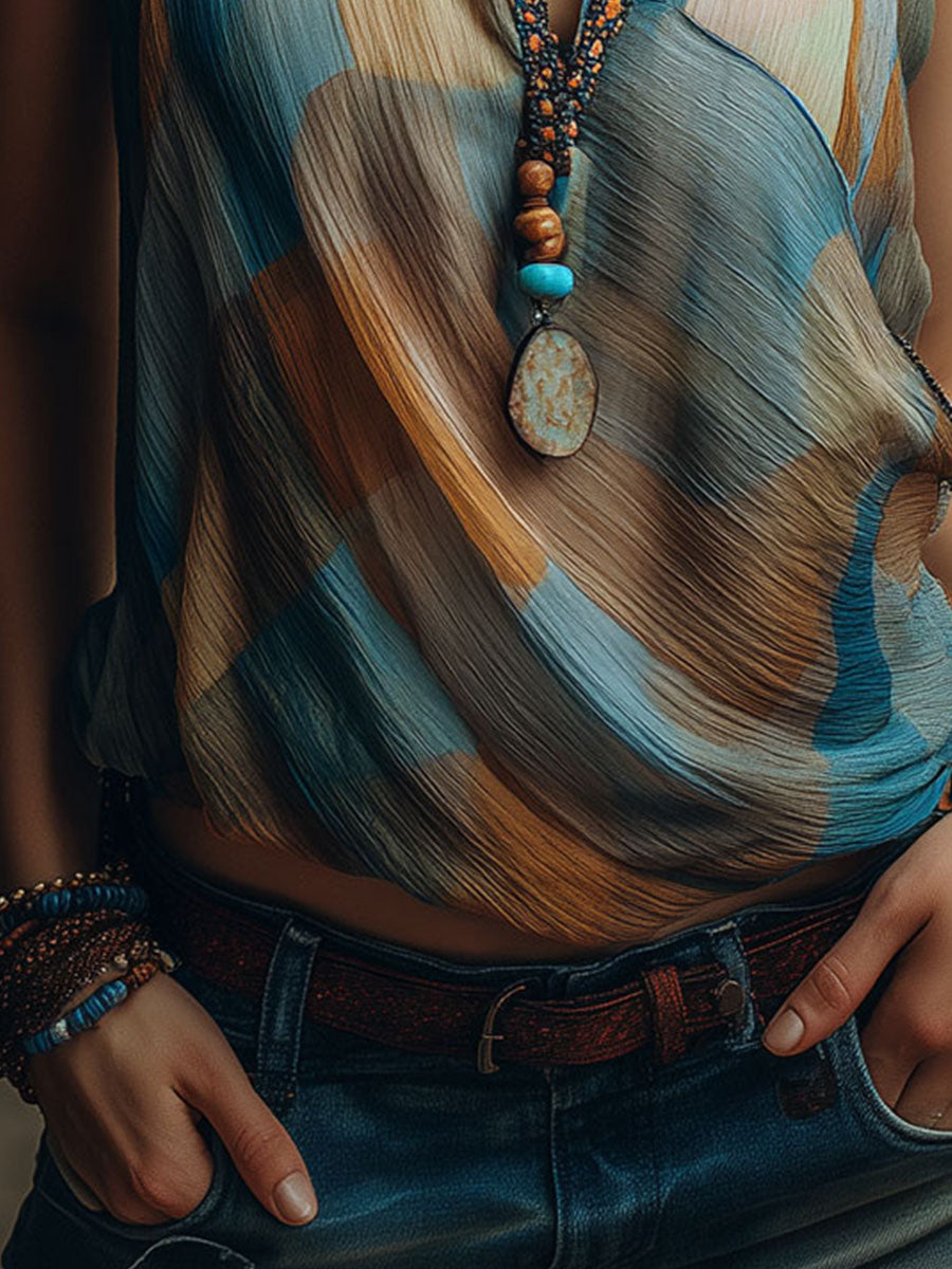 Blusa Boho de Chifón Azul y Ámbar con Cuello Halter y Pañuelo