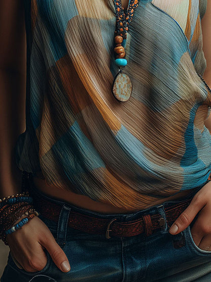 Blusa Boho de Chifón Azul y Ámbar con Cuello Halter y Pañuelo