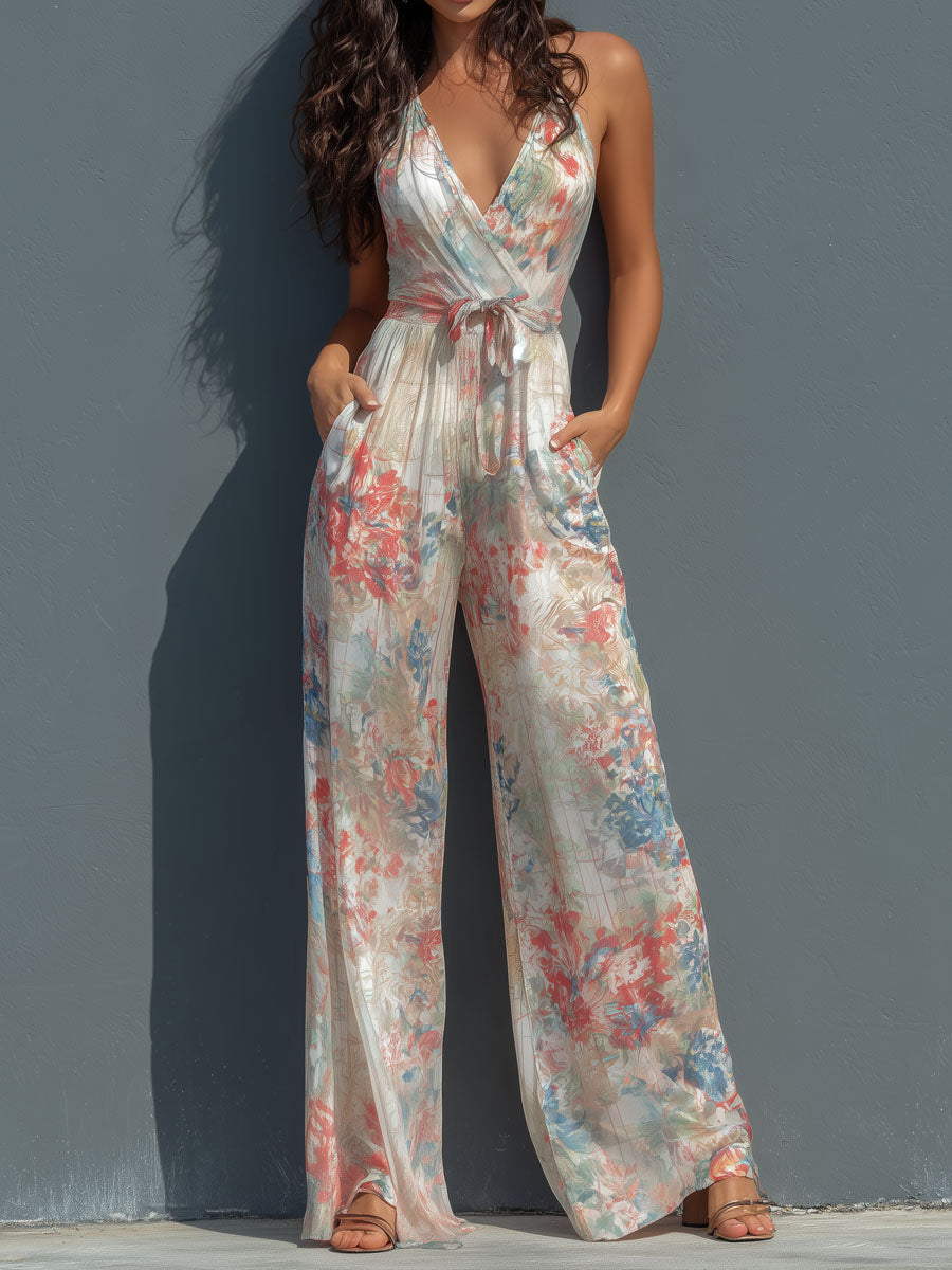 Mono Boho Resort de Satén Floral con Cuello Halter, Diseño Cruzado y Pierna Ancha