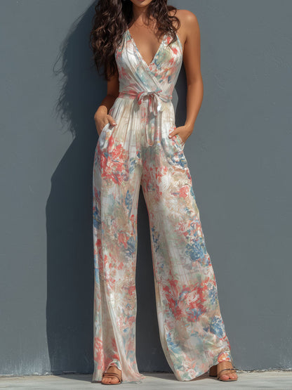 Mono Boho Resort de Satén Floral con Cuello Halter, Diseño Cruzado y Pierna Ancha