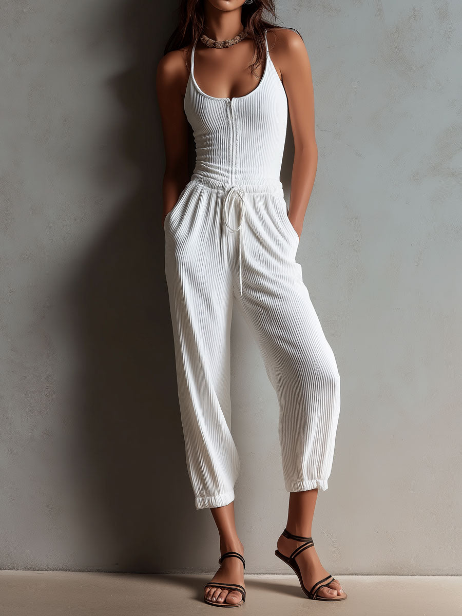 Mono Boho Casual Blanco de Punto Canalé con Cintura Ajustable