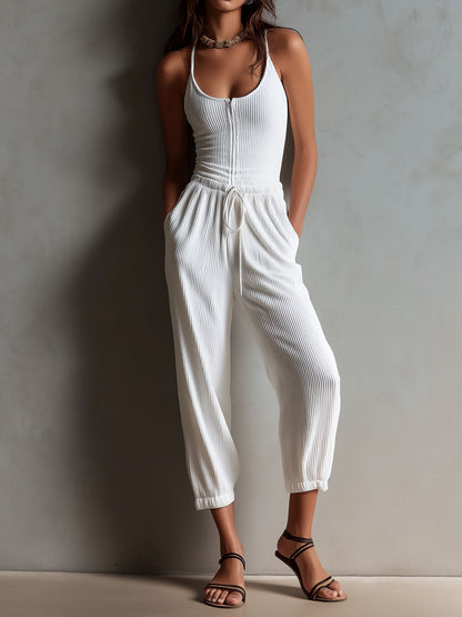 Mono Boho Casual Blanco de Punto Canalé con Cintura Ajustable