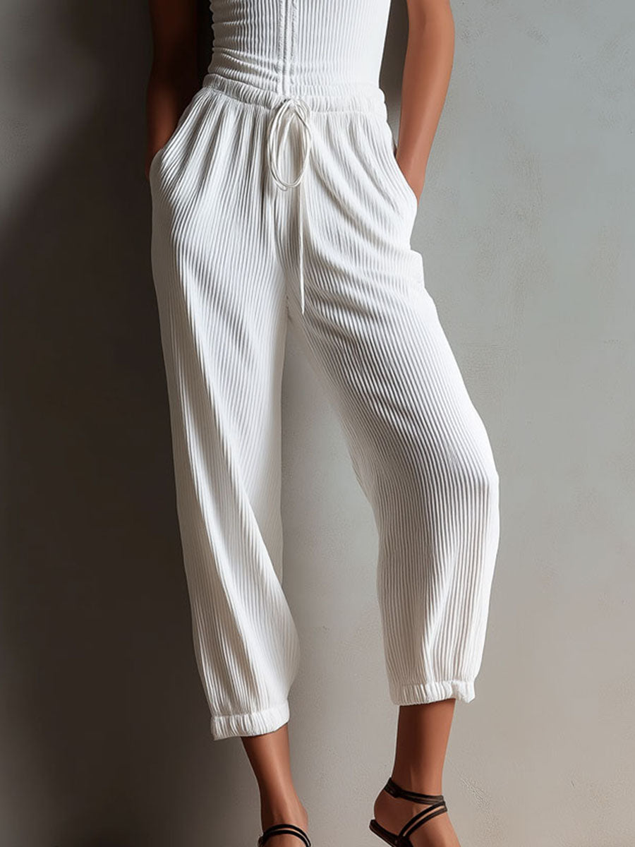 Mono Boho Casual Blanco de Punto Canalé con Cintura Ajustable