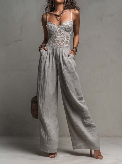 Mono Bohemio Gris Claro de Algodón Texturizado con Encaje y Pierna Ancha