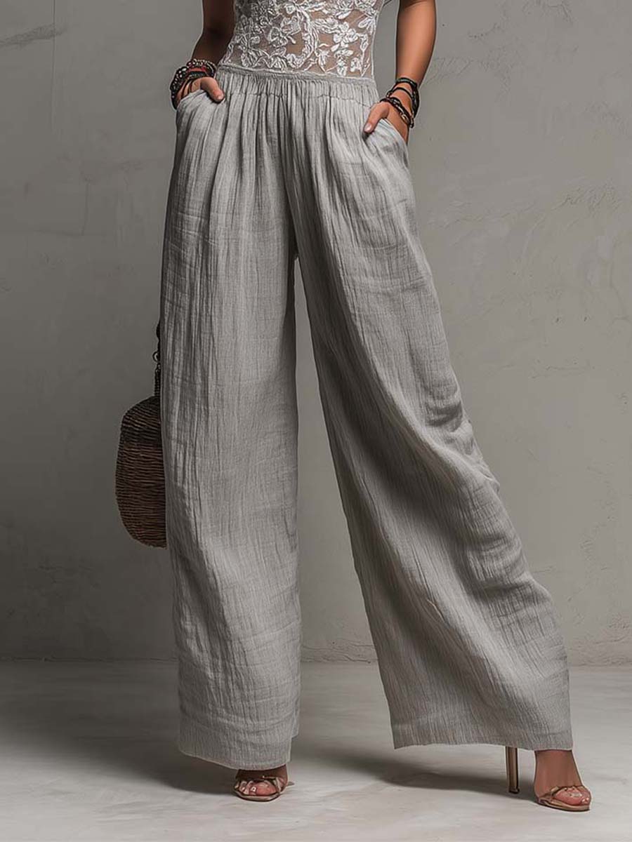 Mono Bohemio Gris Claro de Algodón Texturizado con Encaje y Pierna Ancha