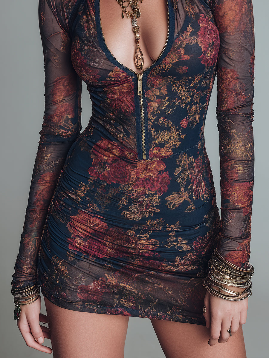 Vestido Mini de Tul con Estampado Floral y Cremallera Frontal