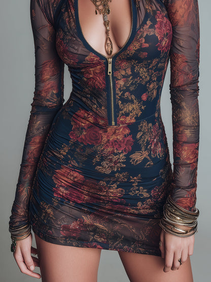Vestido Mini de Tul con Estampado Floral y Cremallera Frontal