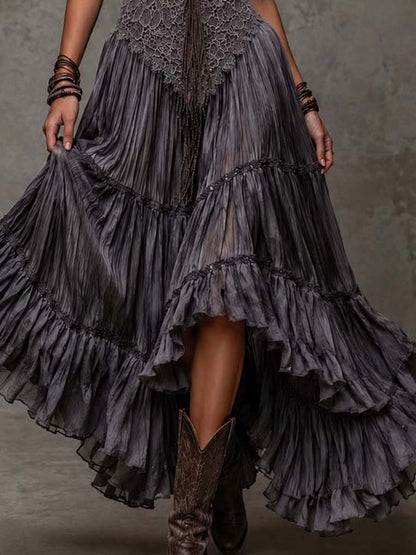 Vestido Maxi Gris Oscuro con Cuerpo de Encaje y Falda Escalonada