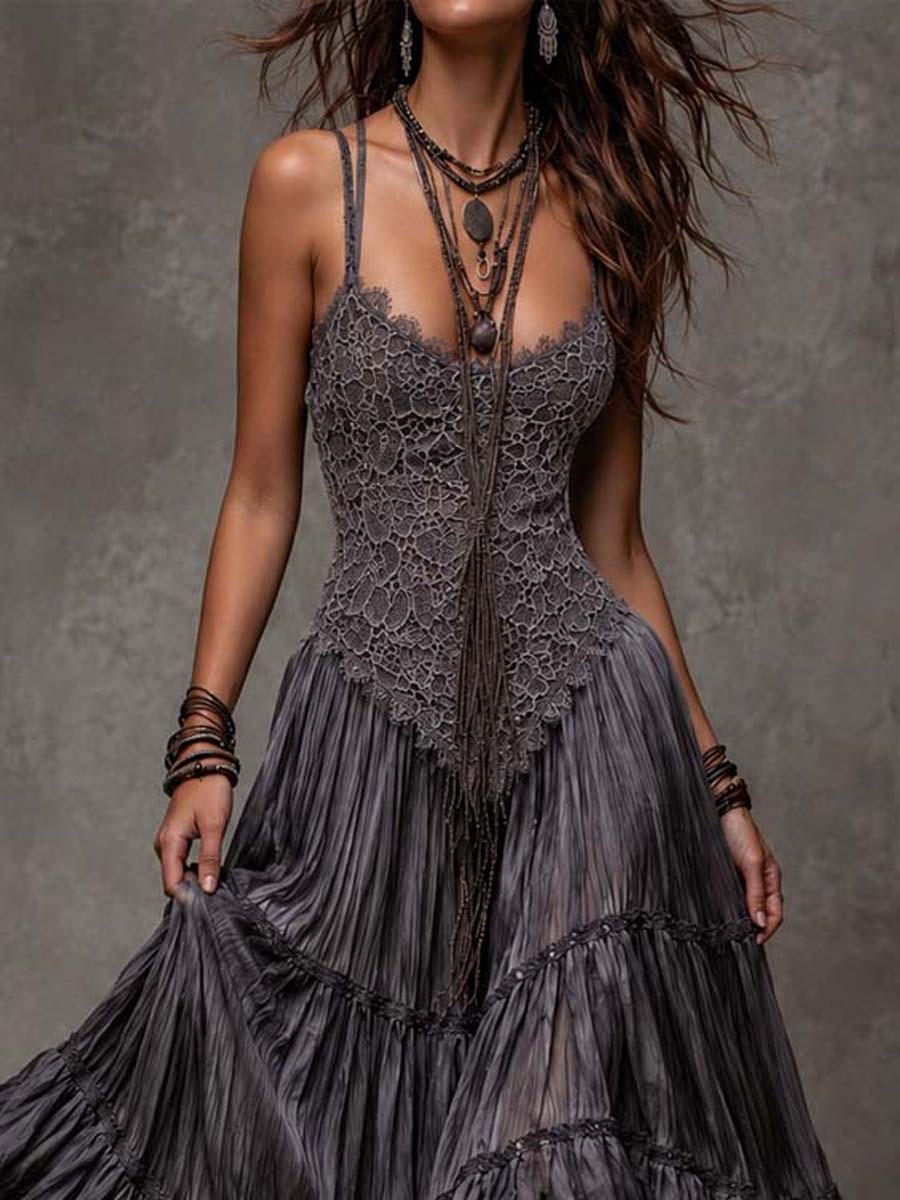 Vestido Maxi Gris Oscuro con Cuerpo de Encaje y Falda Escalonada