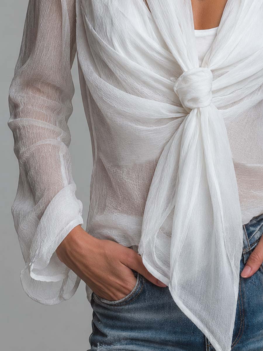 Blusa Semitransparente de Chifón Texturizado con Diseño Cruzado, Lazo Frontal y Top Interior