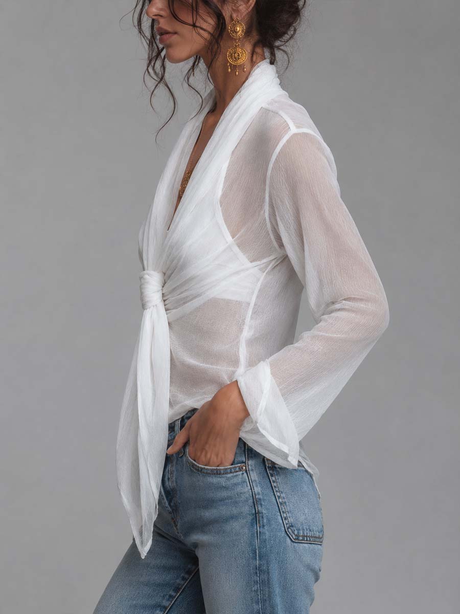 Blusa Semitransparente de Chifón Texturizado con Diseño Cruzado, Lazo Frontal y Top Interior