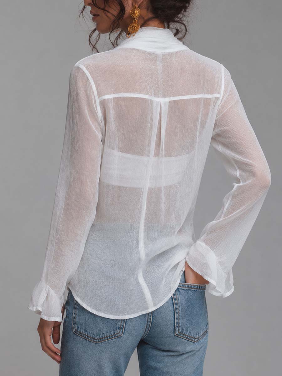 Blusa Semitransparente de Chifón Texturizado con Diseño Cruzado, Lazo Frontal y Top Interior