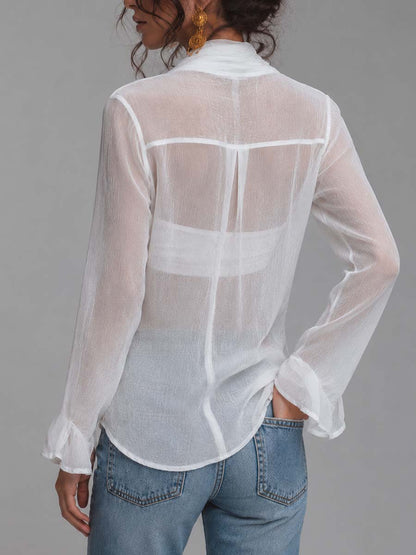 Blusa Semitransparente de Chifón Texturizado con Diseño Cruzado, Lazo Frontal y Top Interior