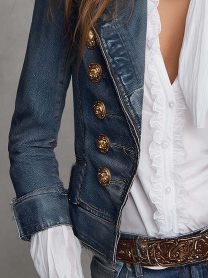 Blazer Vaquero Corto Western Vintage con Doble Botonadura, Botones Dorados y Bajo Deshilachado