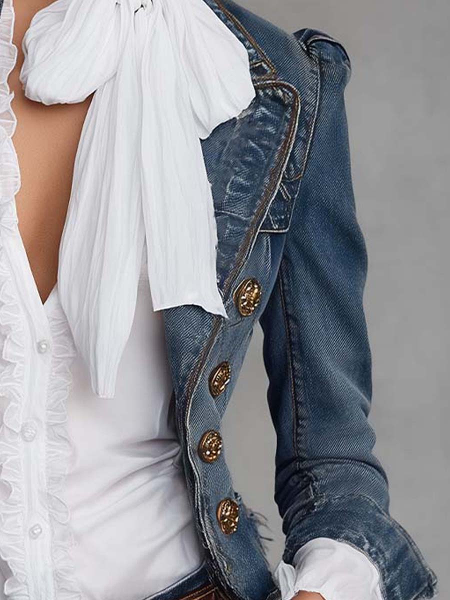 Blazer Vaquero Corto Western Vintage con Doble Botonadura, Botones Dorados y Bajo Deshilachado