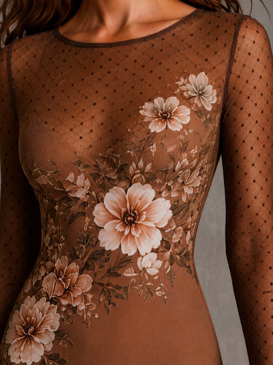 Vestido Midi Vintage Ajustado de Malla con Estampado Floral, Lunares y Manga Larga