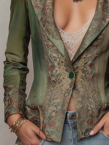 Blazer Vintage Verde Oliva Entallado con Solapas y Puños Florales en Contraste