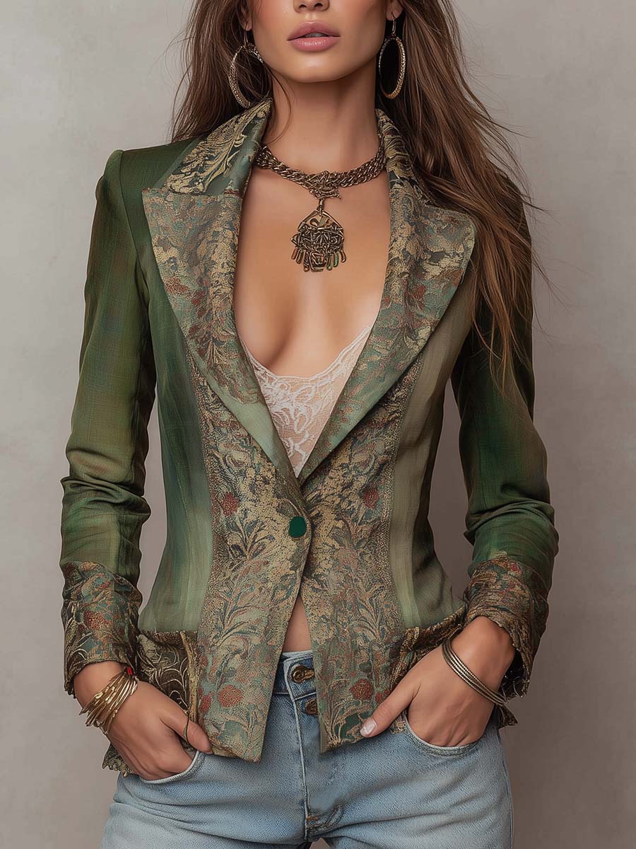 Blazer Vintage Verde Oliva Entallado con Solapas y Puños Florales en Contraste