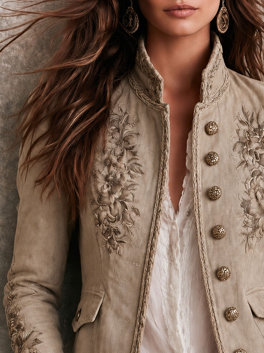 Chaqueta Retro Beige con Cuello Alto, Bordados Florales y Detalles Trenzado