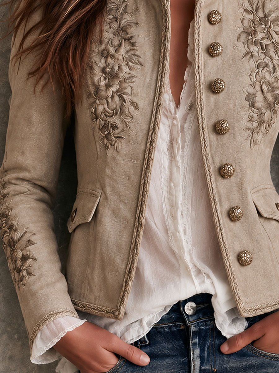 Chaqueta Retro Beige con Cuello Alto, Bordados Florales y Detalles Trenzado