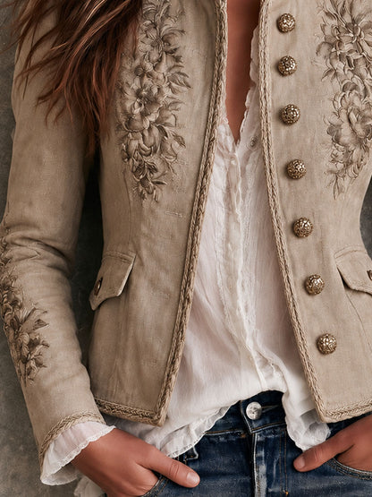 Chaqueta Retro Beige con Cuello Alto, Bordados Florales y Detalles Trenzado