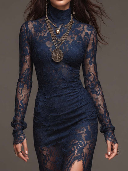 Vestido Midi Romántico Bohemio de Encaje Floral con Cuello Alto, Manga Larga, Fruncido Lateral y Abertura Alta