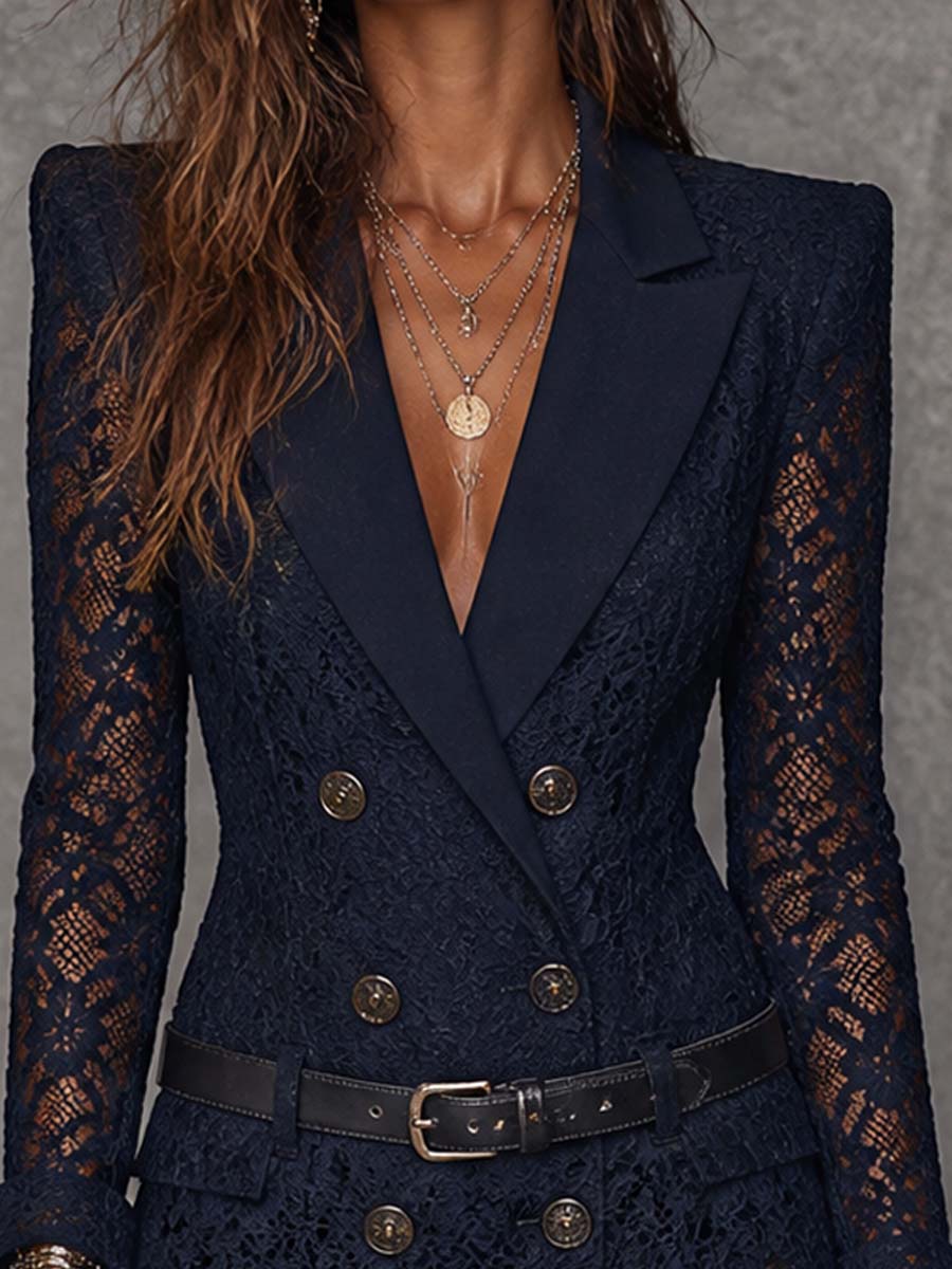 Vestido Blazer Mini Azul Marino de Encaje Floral con Cinturón y Doble Botonadura