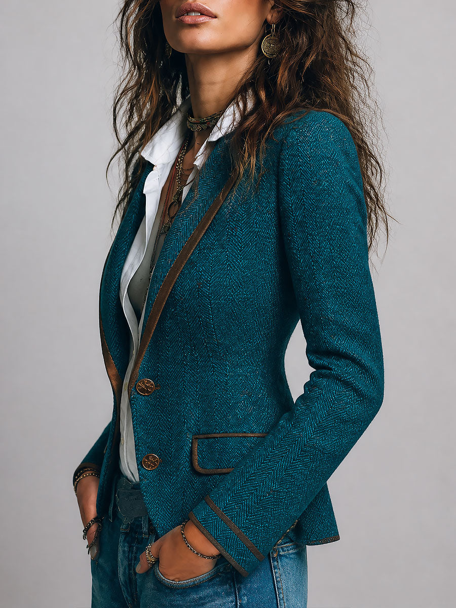 Blazer Retro Entallado de Tweed con Espiga y Detalles en Contraste