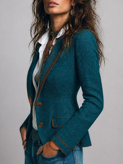 Blazer Retro Entallado de Tweed con Espiga y Detalles en Contraste