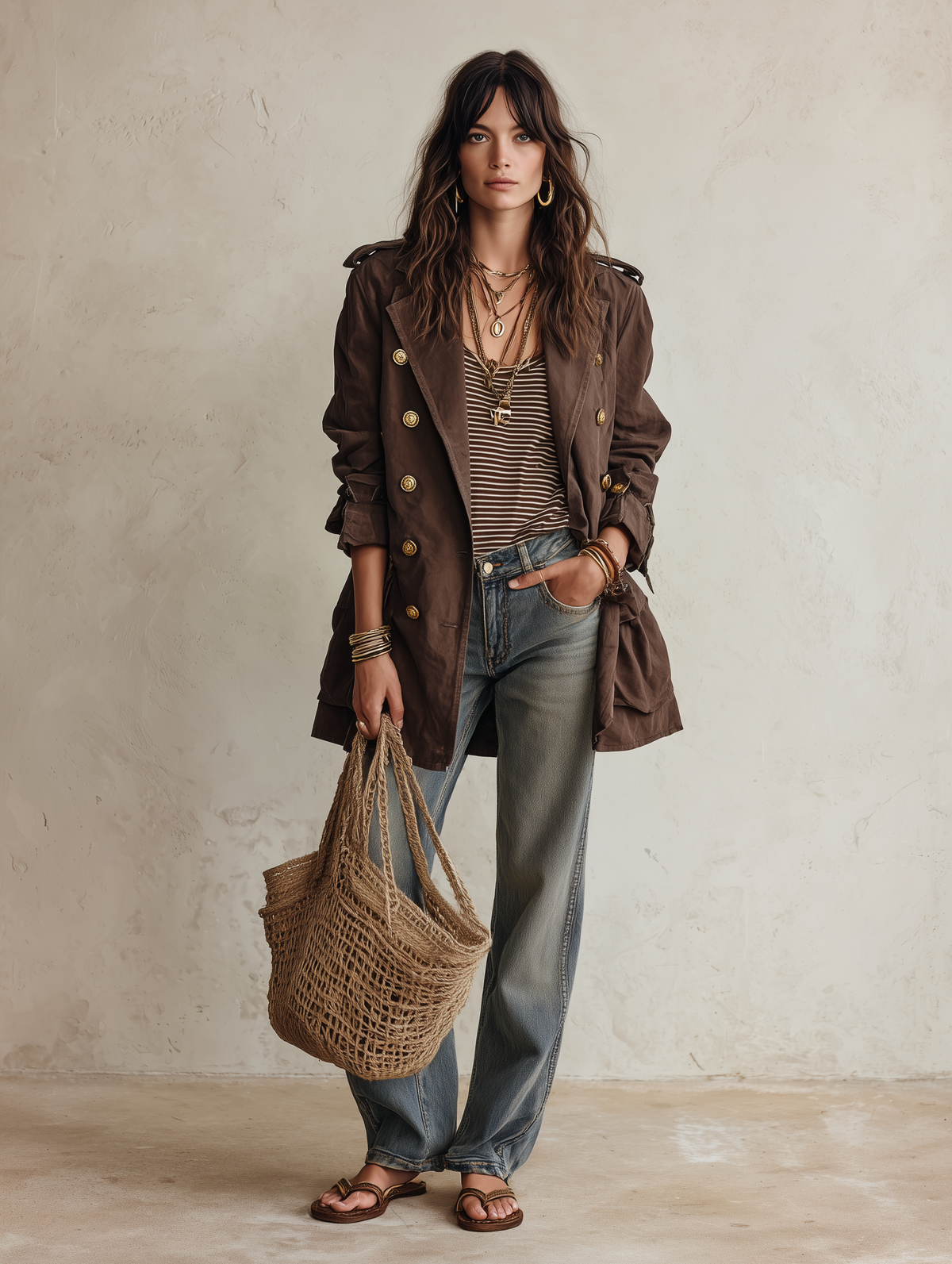 Gabardina Utility Chic Marrón Chocolate de Sarga de Algodón con Doble Botonadura y Cinturón