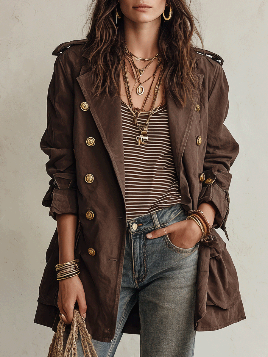 Gabardina Utility Chic Marrón Chocolate de Sarga de Algodón con Doble Botonadura y Cinturón