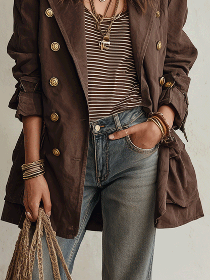 Gabardina Utility Chic Marrón Chocolate de Sarga de Algodón con Doble Botonadura y Cinturón