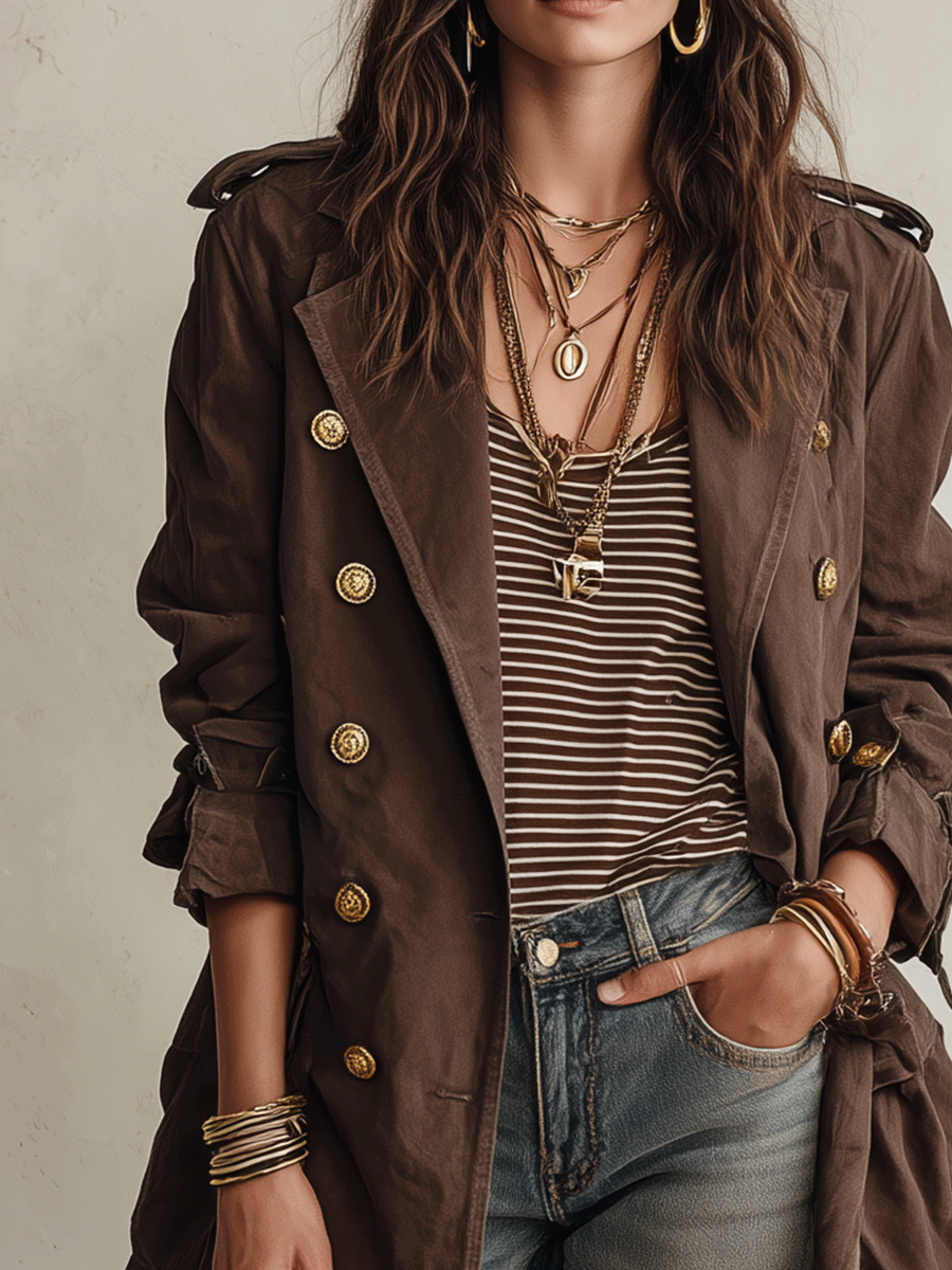 Gabardina Utility Chic Marrón Chocolate de Sarga de Algodón con Doble Botonadura y Cinturón