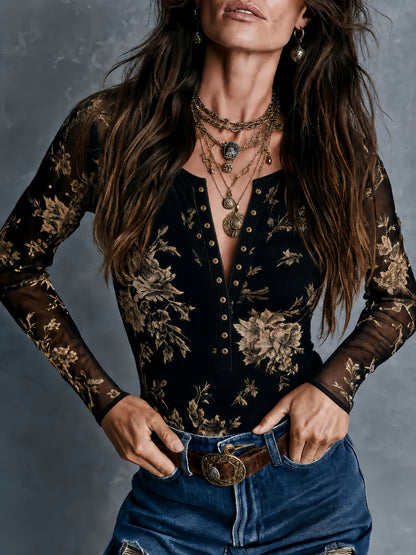 Blusa Boho Retro de Malla Semitransparente con Estampado Floral y Botones Frontales