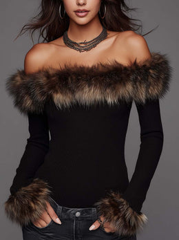 Top Retro de Punto Canalé con Cuello de Pelo Desmontable
