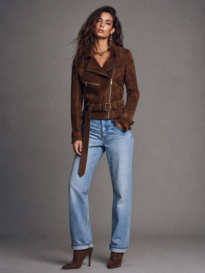 Chaqueta marrón de efecto ante con cinturón y estilo boho