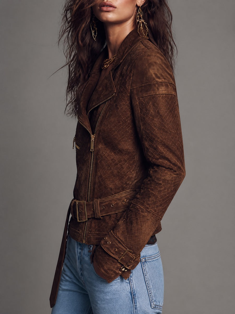 Chaqueta marrón de efecto ante con cinturón y estilo boho